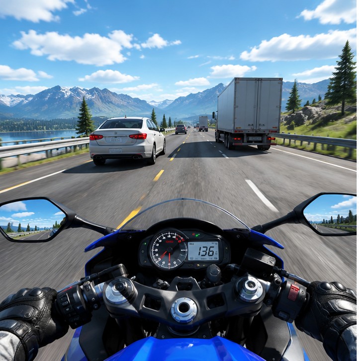 First-person motorcycle highway riding scene