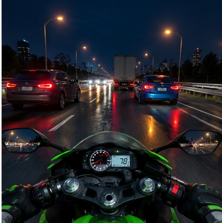 Night highway motorcycle riding scene