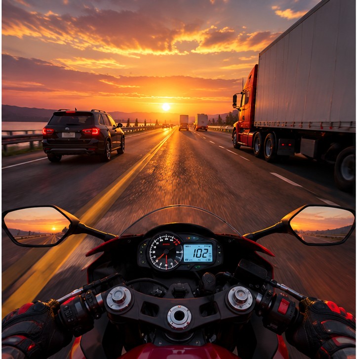 Motorcycle highway sunset riding scene